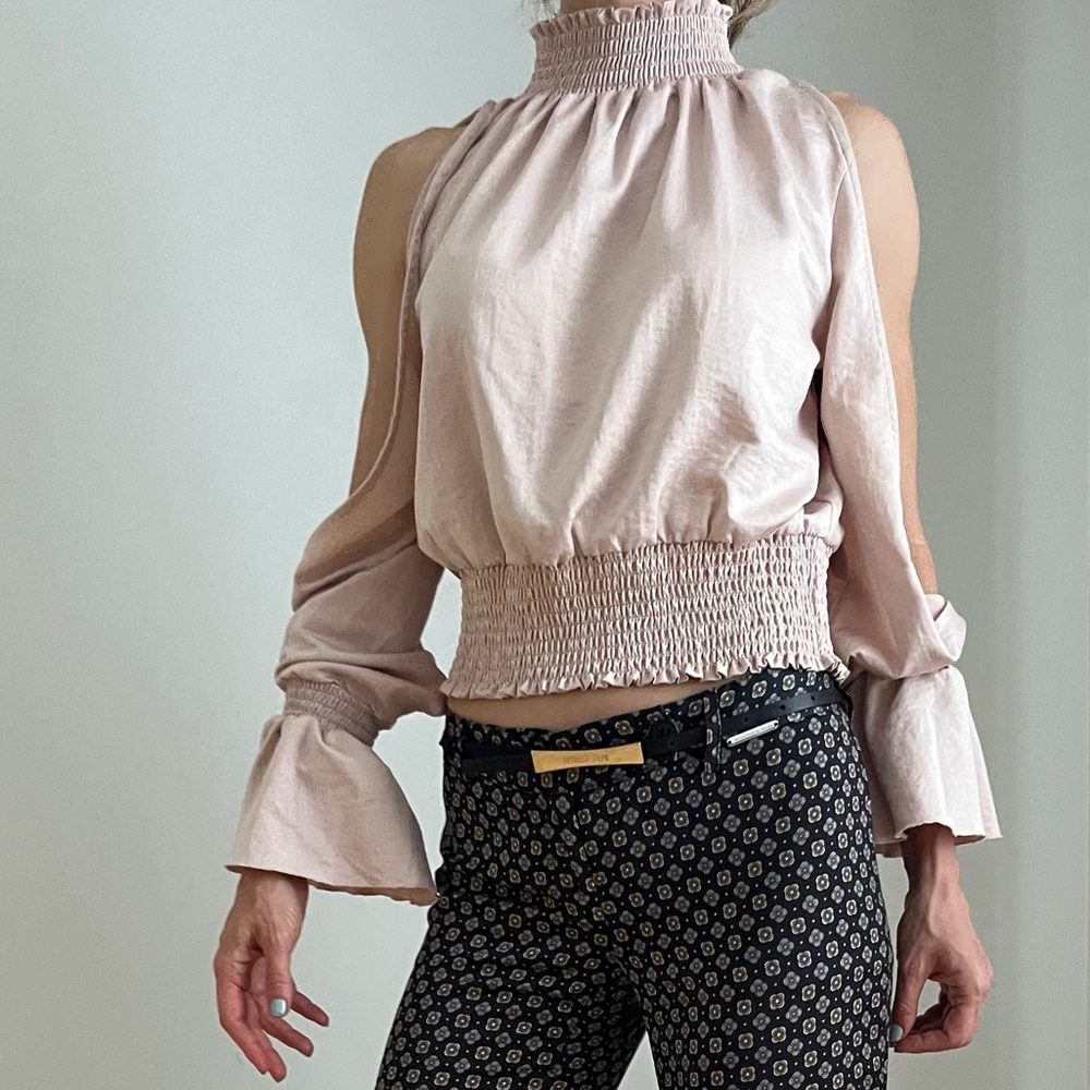 FREEw/ purchase S/M Pink Blush Satin Cold shoulder long sleeve Halter Top